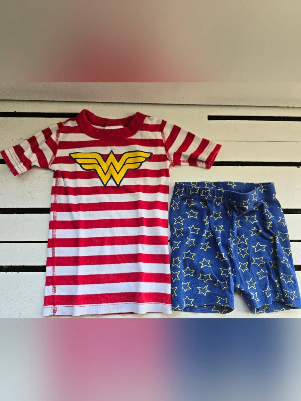 Hanna Andersson Red & White Striped Superhero Top with Blue Star Shorts